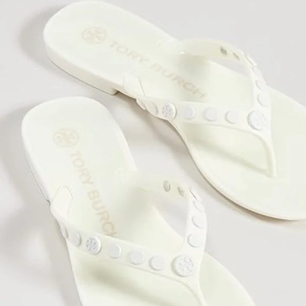Tory Burch Studded Logo Jelly Ivory White Thong Flip Flop Sandals Women's 7